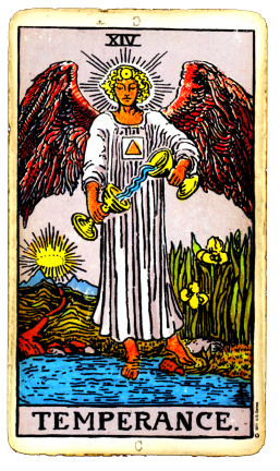 Temperance Card Wite Deck US Games (an angel standing with one foot on land and one in the water, and pouring back and forth between two cups